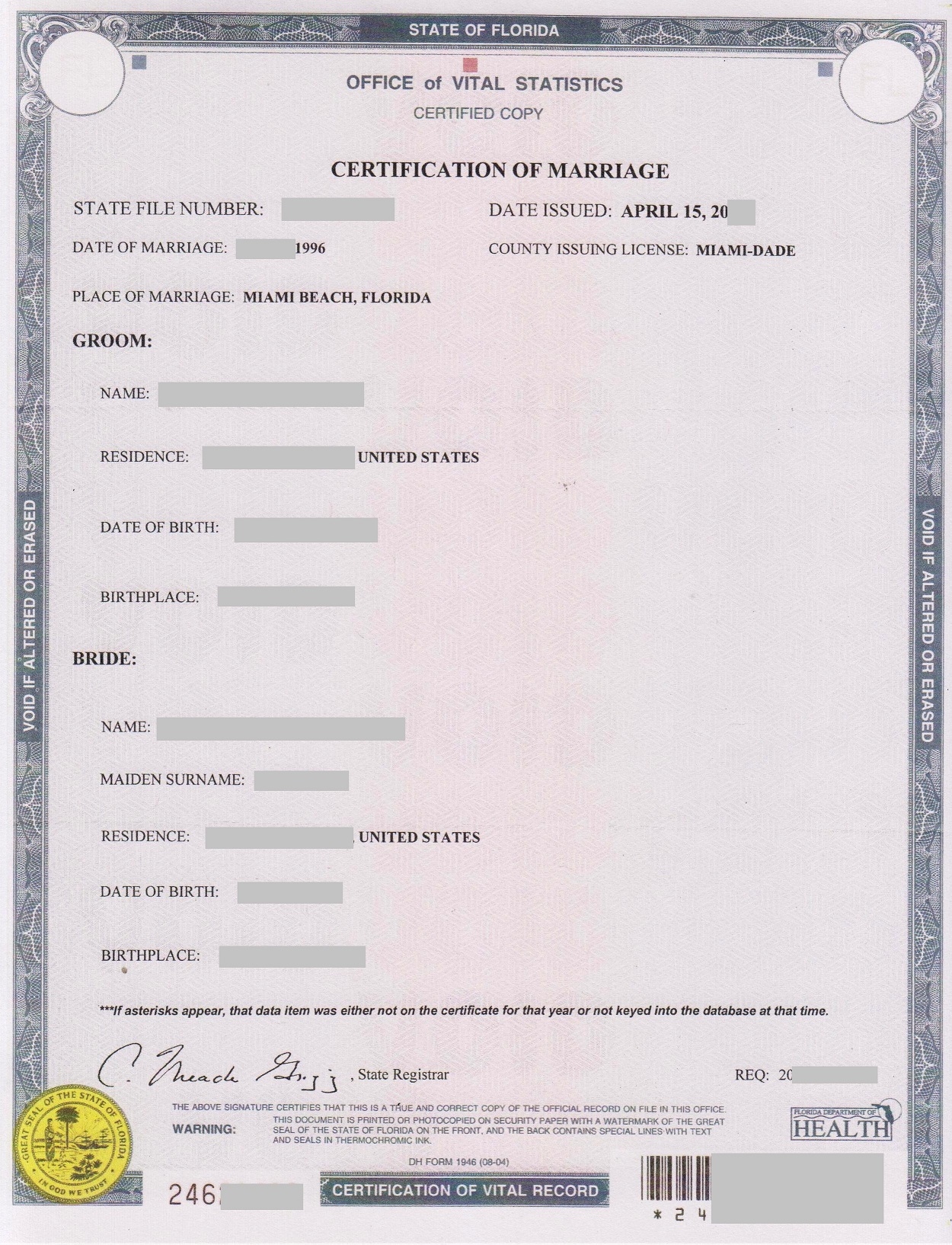 Real Florida Marriage Certificate Example