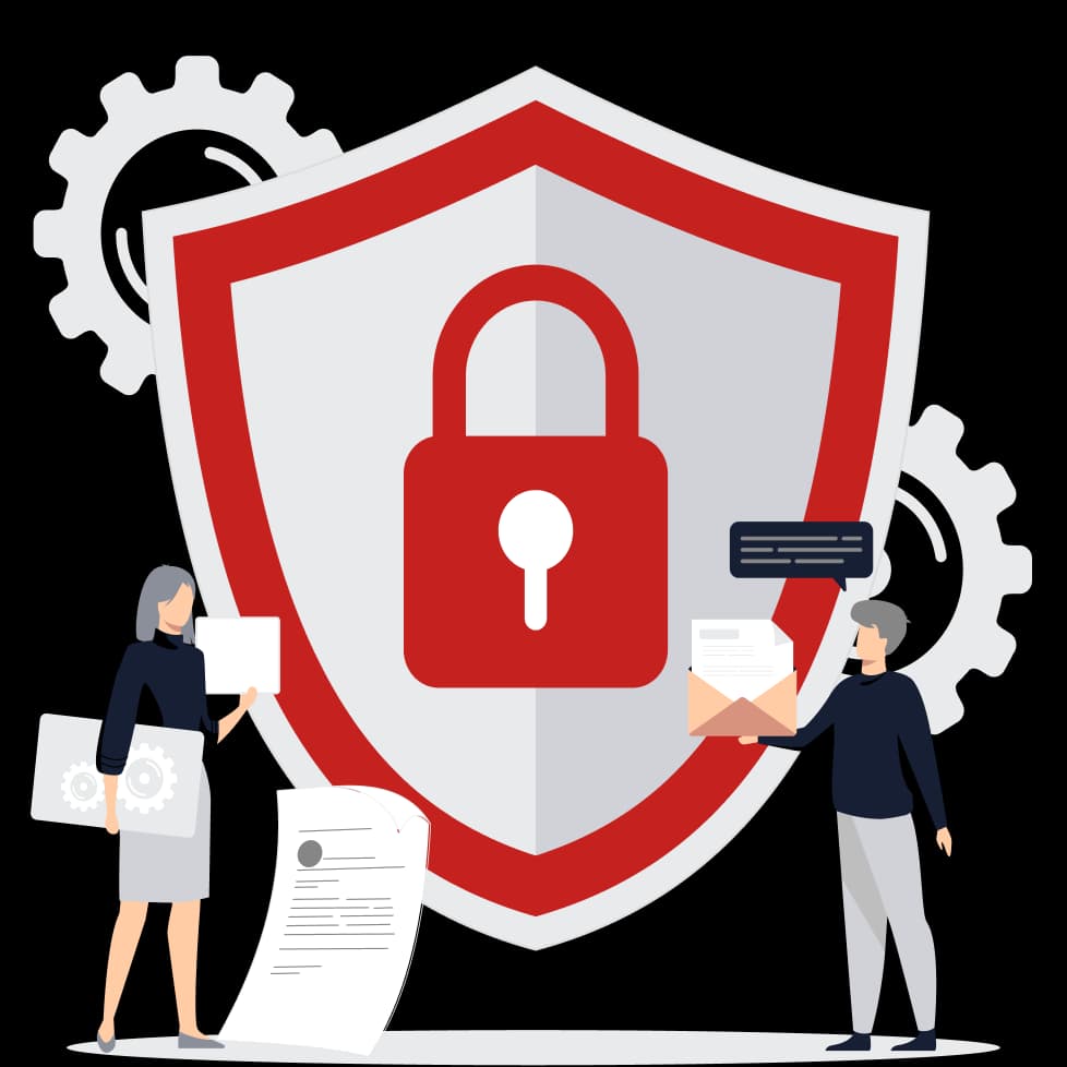 Escudo de seguridad rojo con candado protegiendo los datos de Vital Records Online