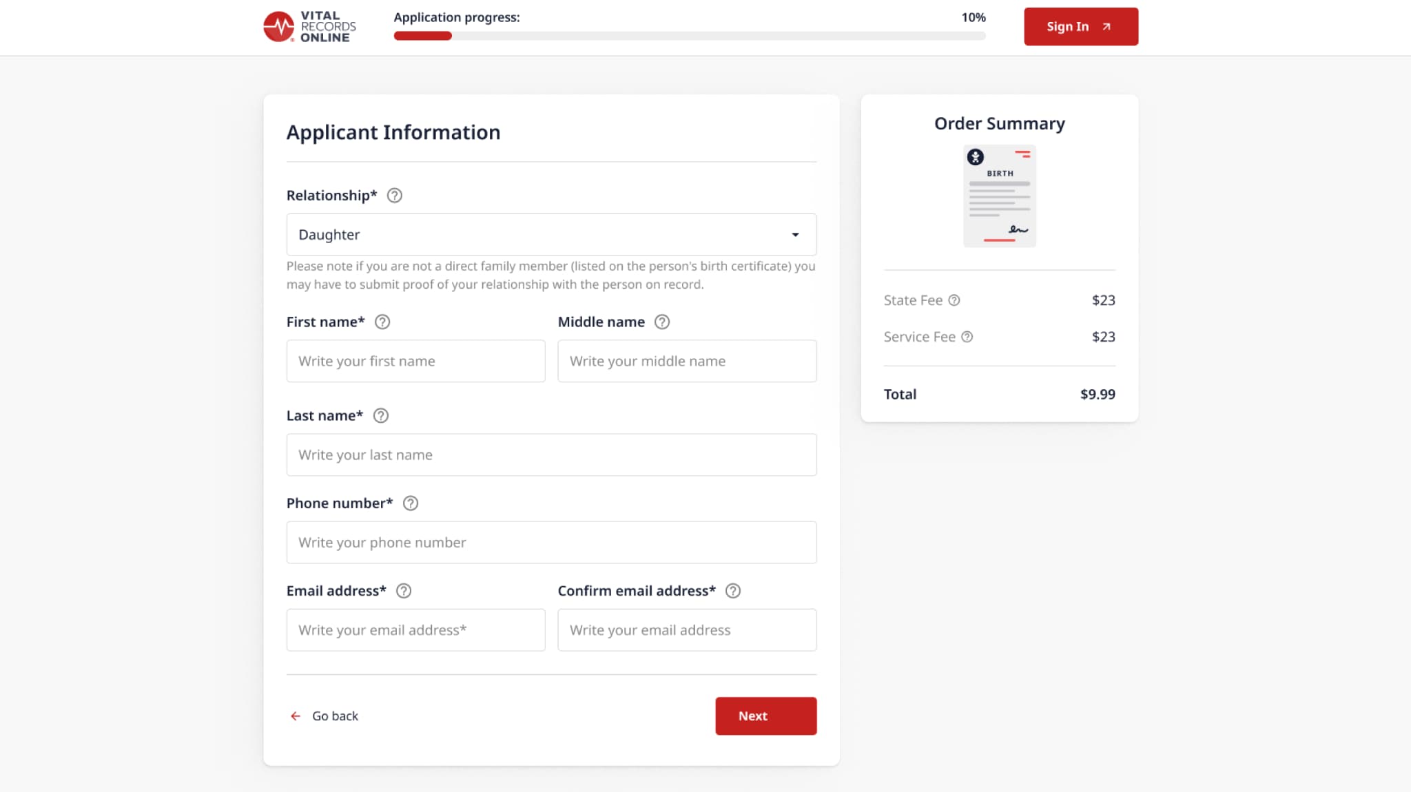 VRO Applicant Information form with live Order Summary