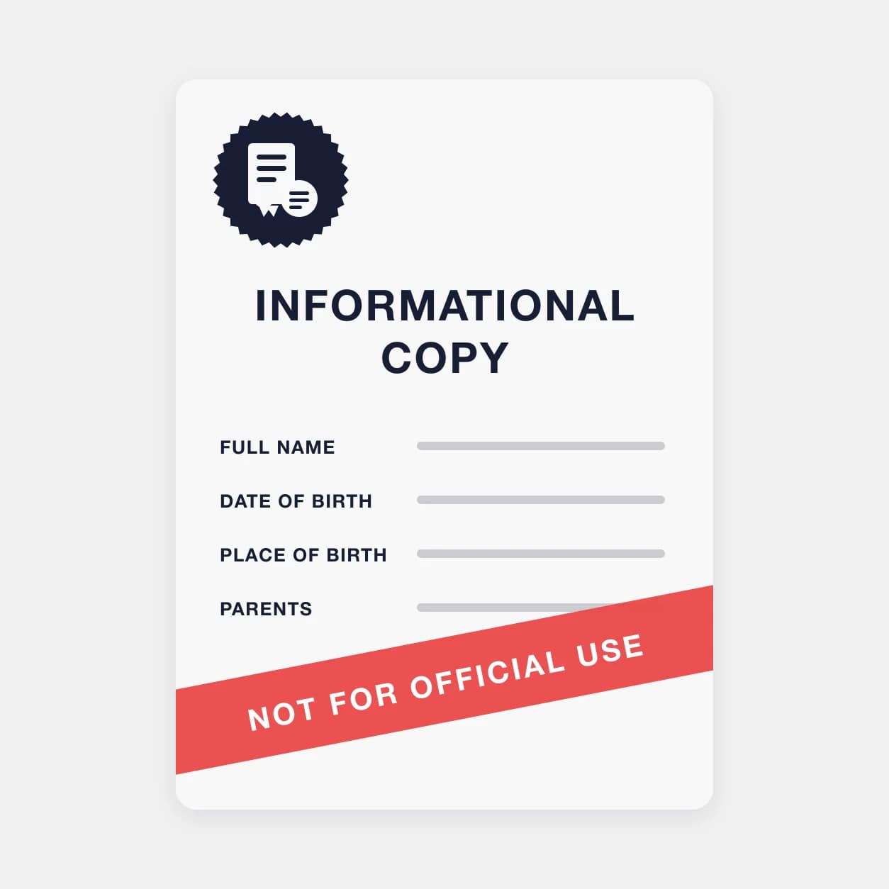 Illustration of an informational copy: the same record fields as a certified copy, overprinted "not for official use".