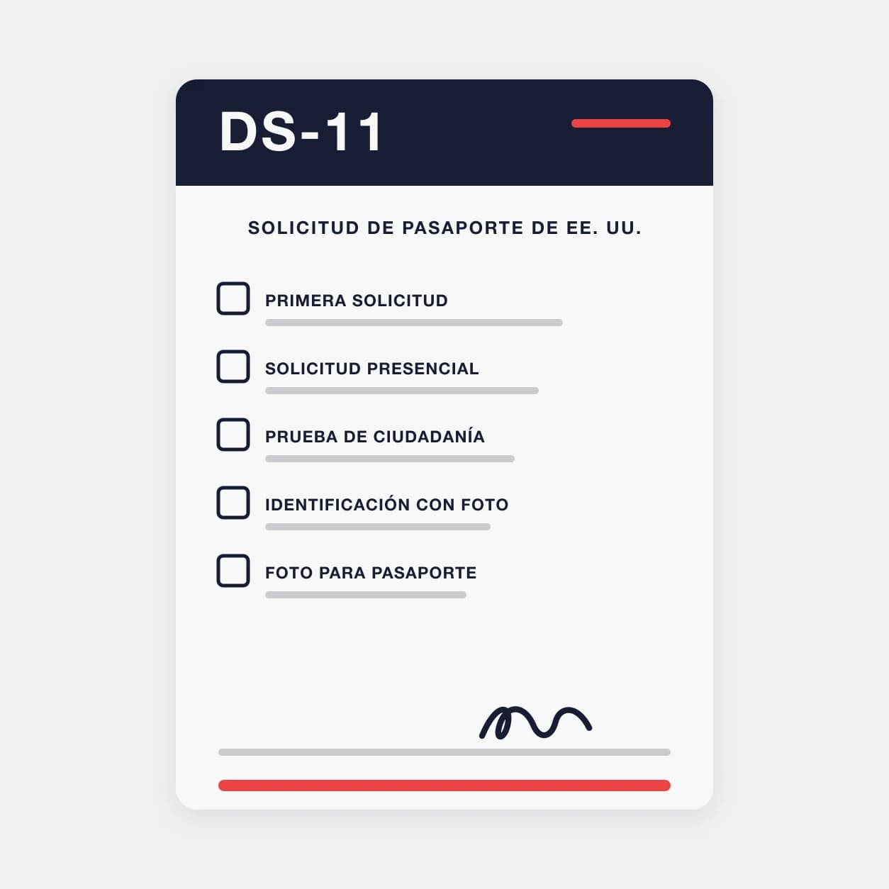 Ilustración del Formulario DS-11, la solicitud presencial para un primer pasaporte de EE. UU., con su lista de documentos.