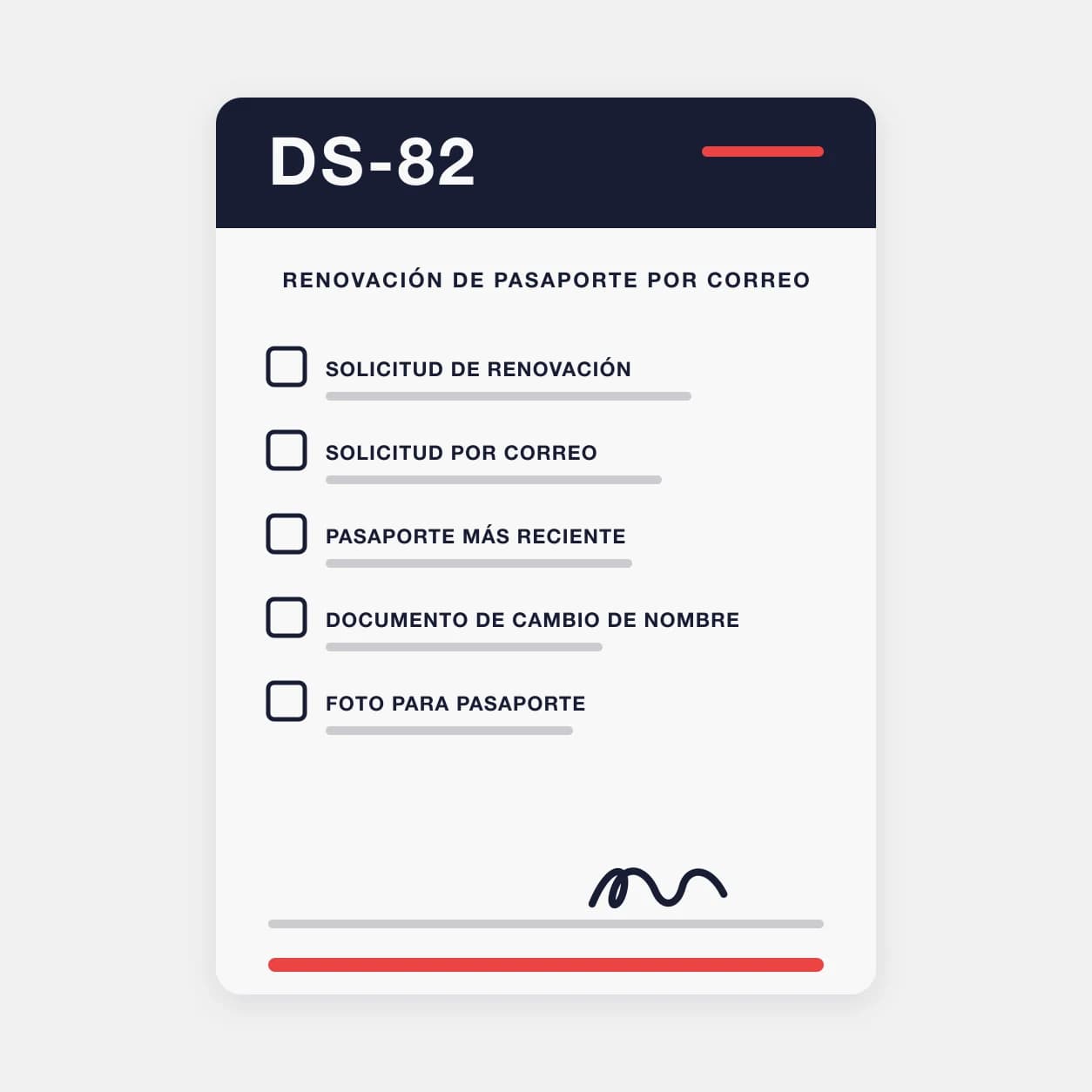 Ilustración del Formulario DS-82, la solicitud de renovación del pasaporte de EE. UU. por correo, con su lista de documentos.