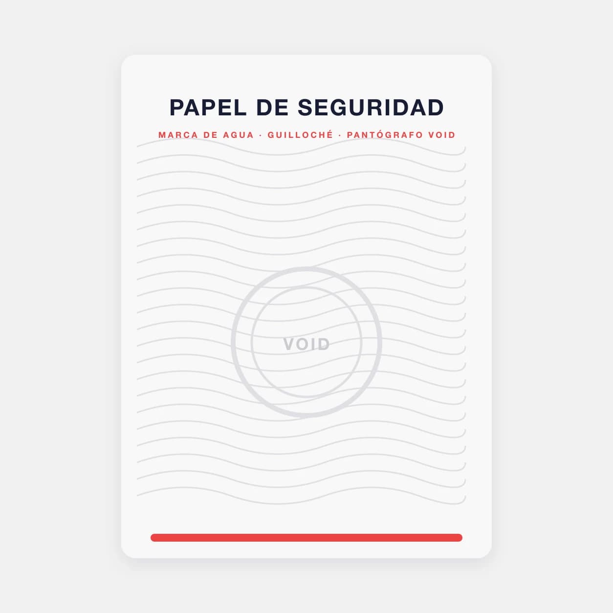Ilustración del papel de seguridad: un patrón de ondas guilloché, un disco de marca de agua y un panel void que aparece al fotocopiarlo.