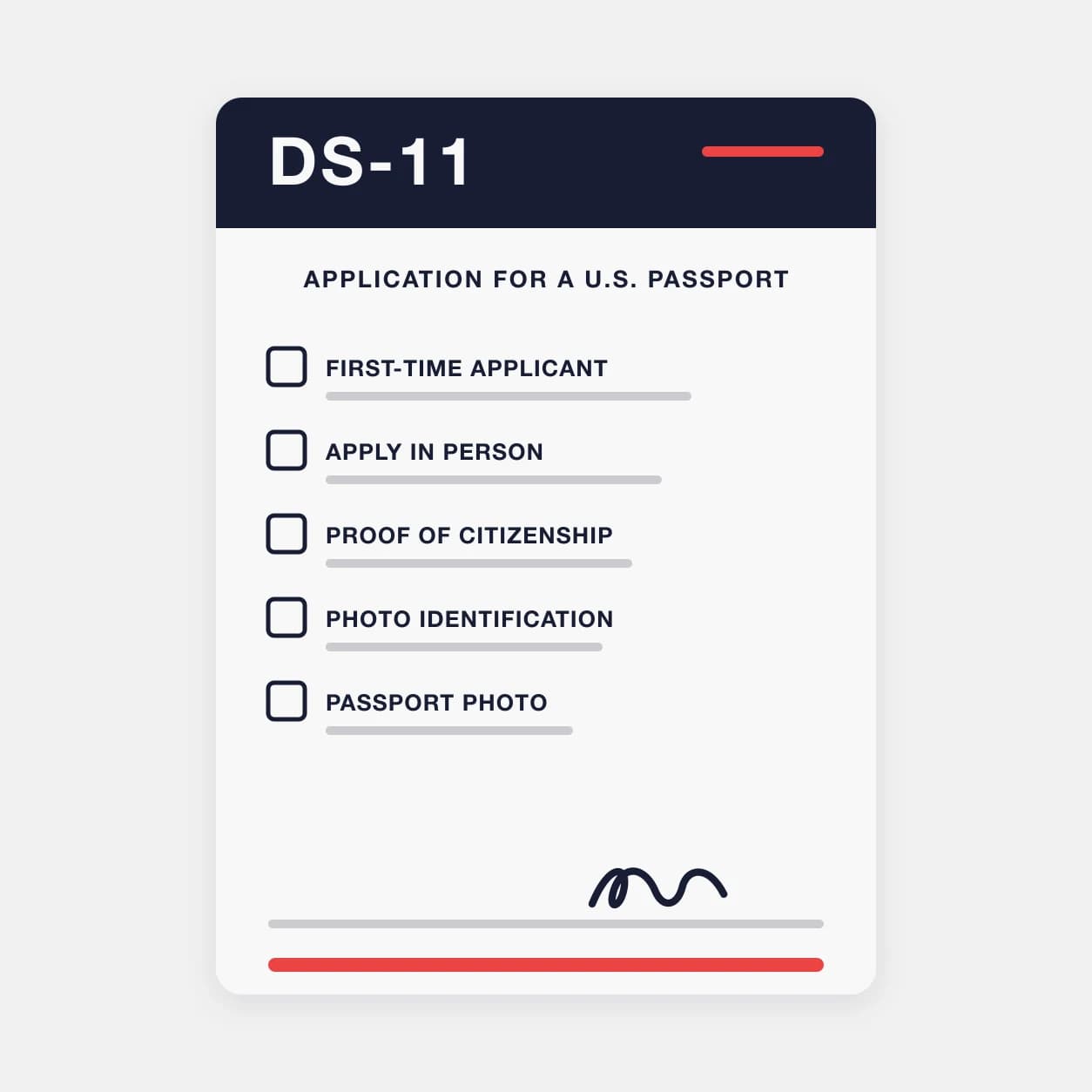 Illustration of Form DS-11, the in-person application for a first U.S. passport, with its document checklist.