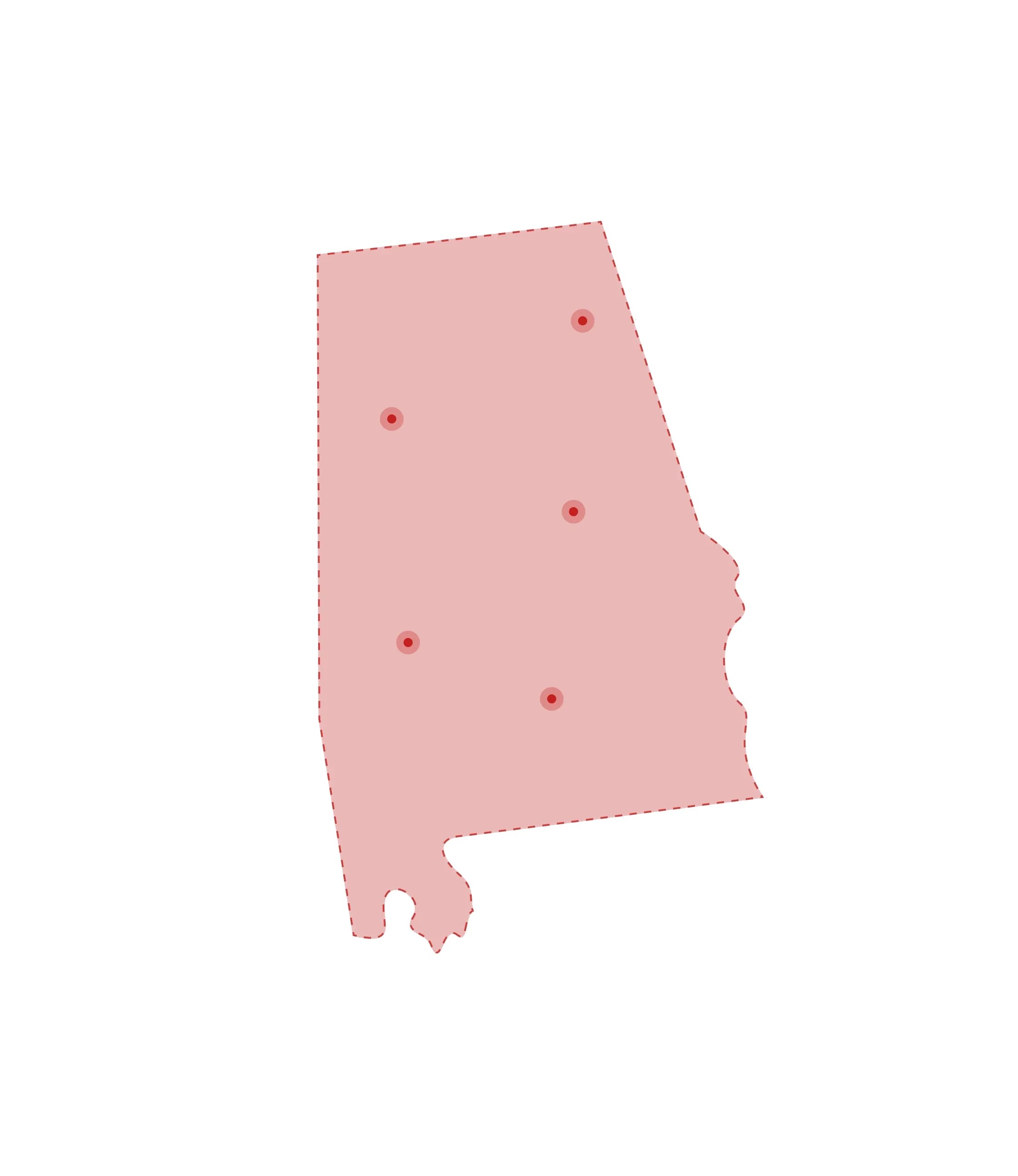 Mapa de las oficinas de registros vitales de Alabama