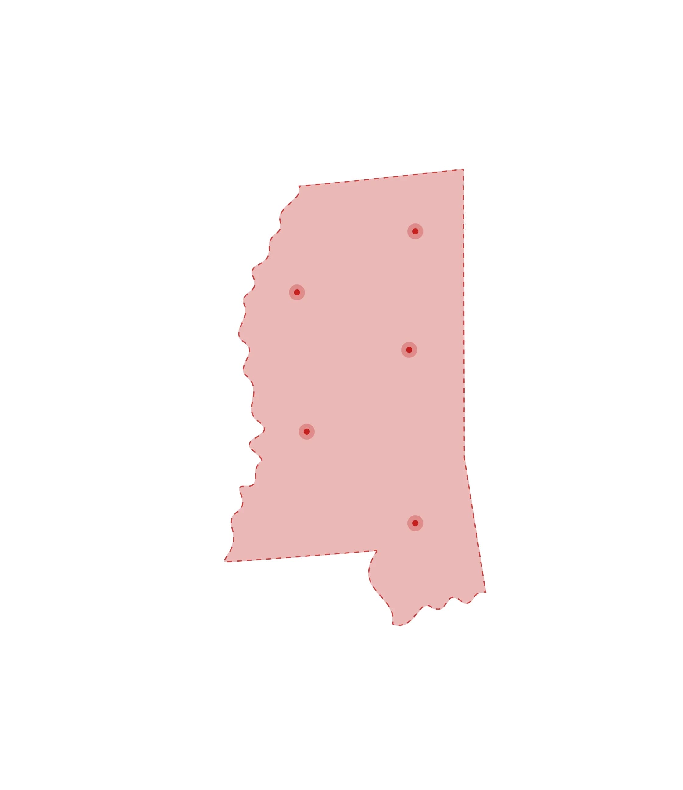 Mapa de las oficinas de registros vitales de Mississippi