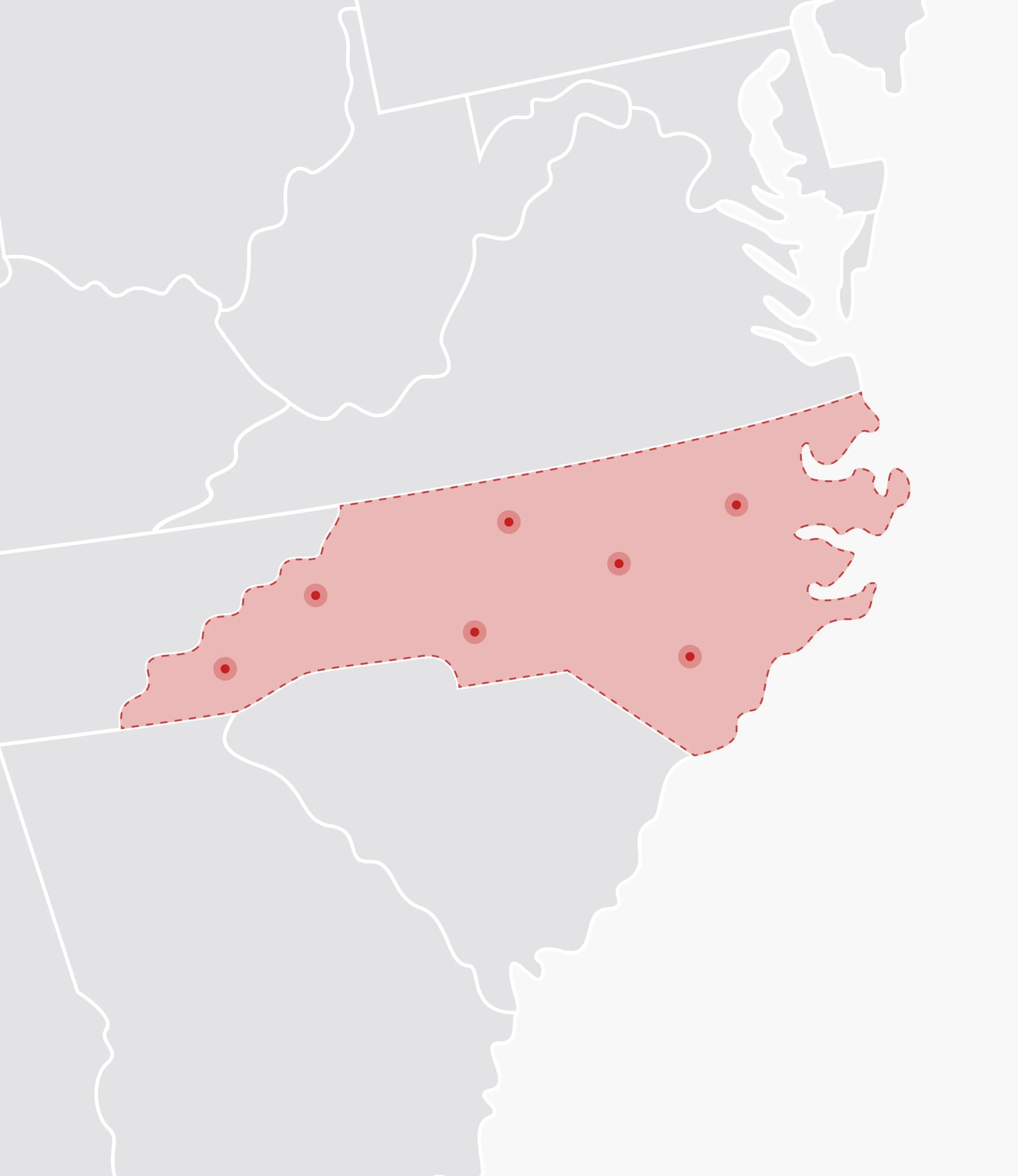 Mapa de Estados Unidos con North Carolina resaltado