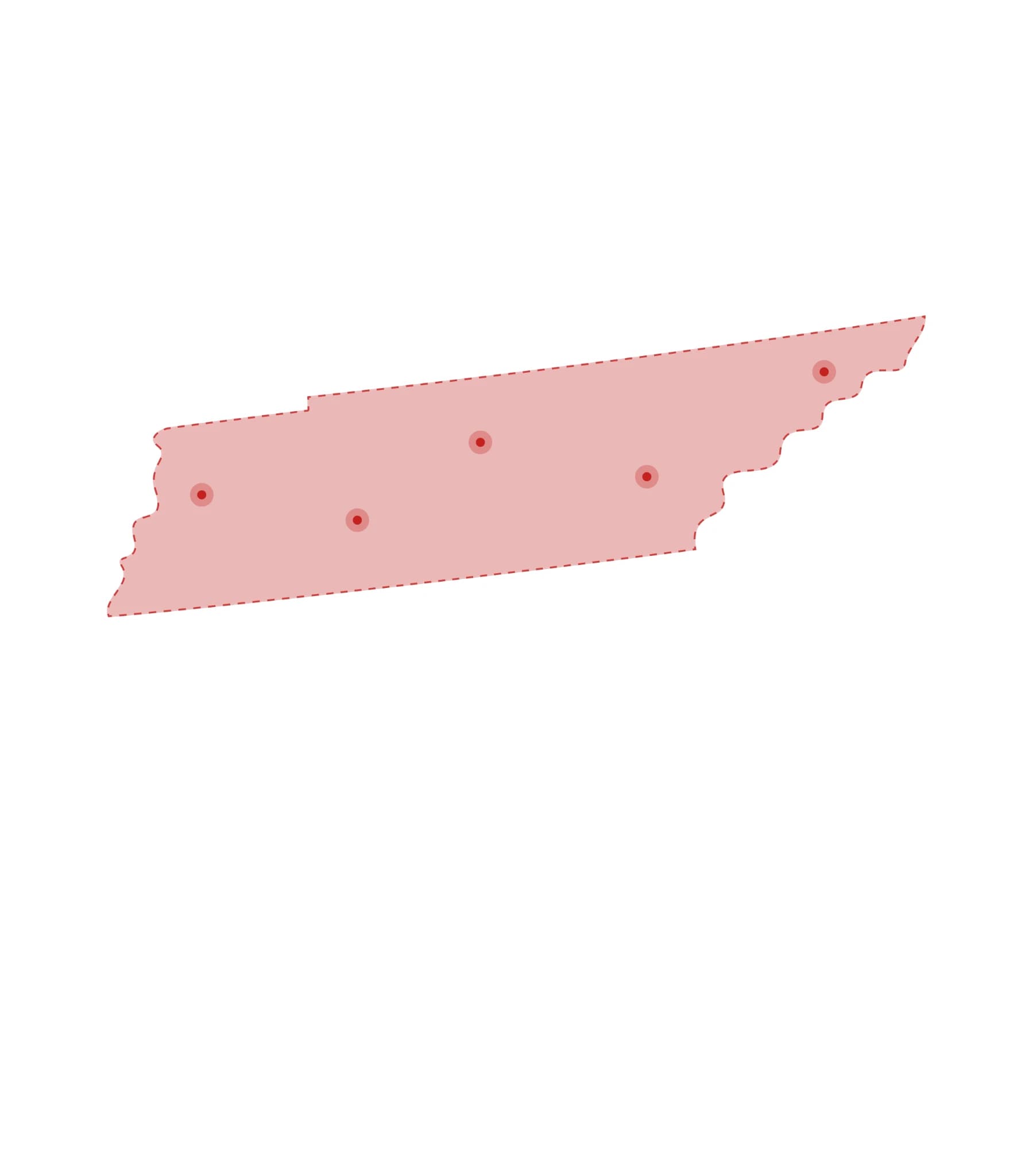 Mapa de las oficinas de registros vitales de Tennessee