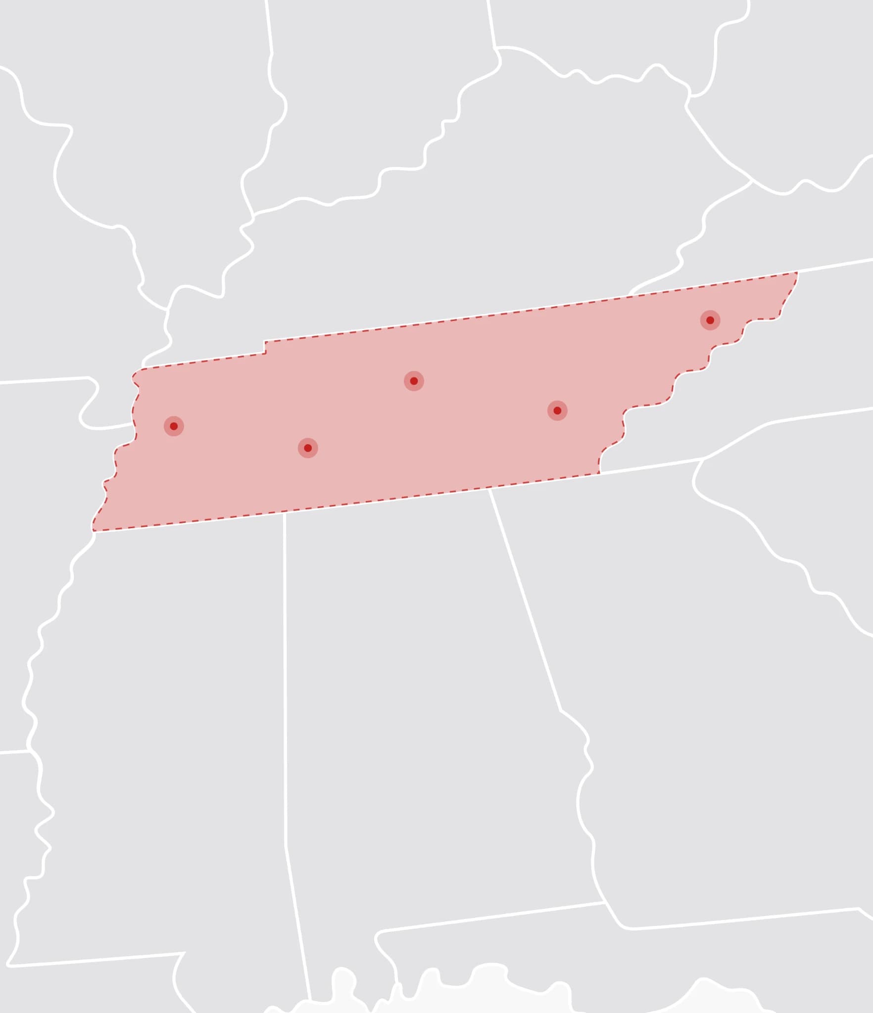 Mapa de Estados Unidos con Tennessee resaltado