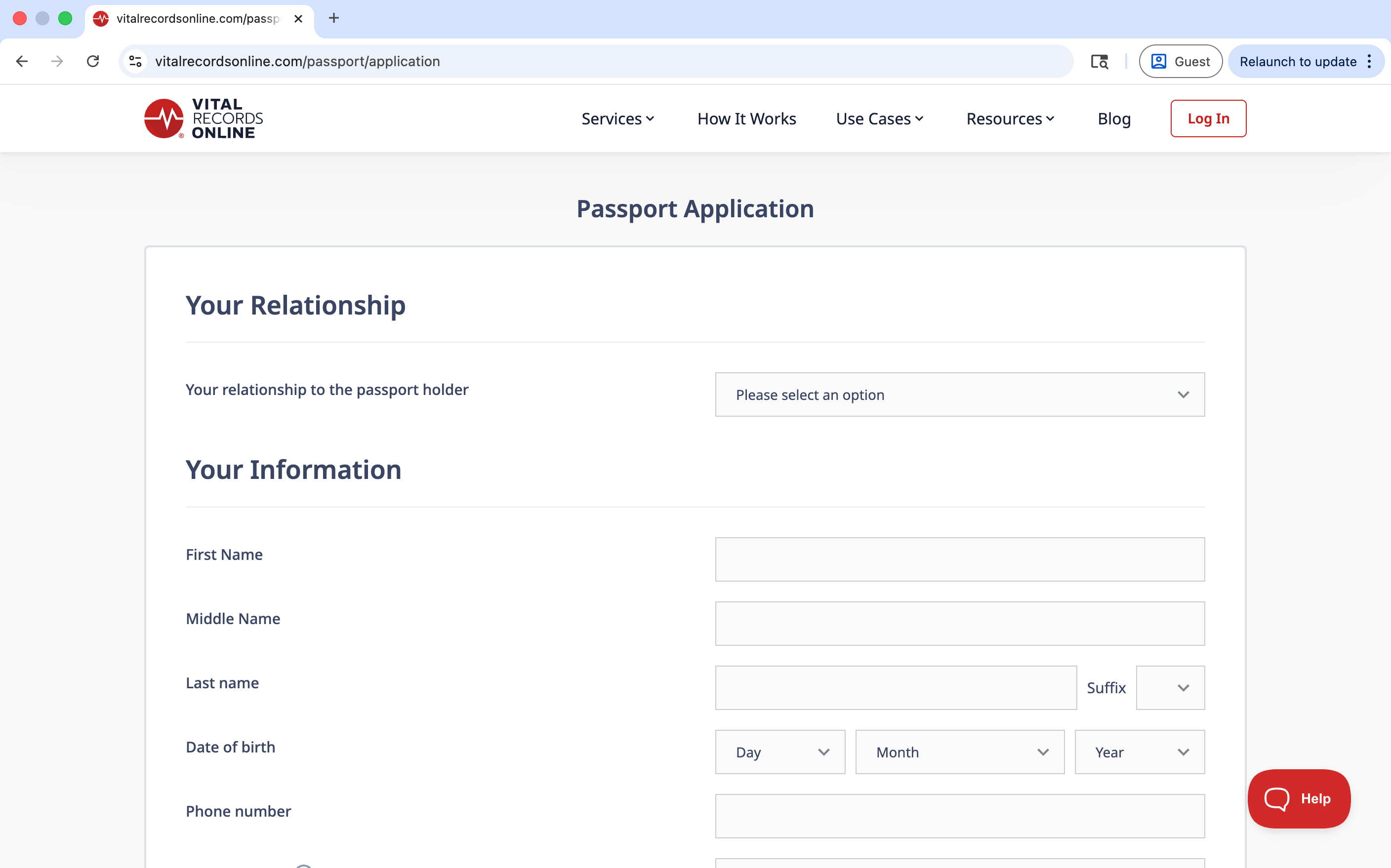passport application form screenshot