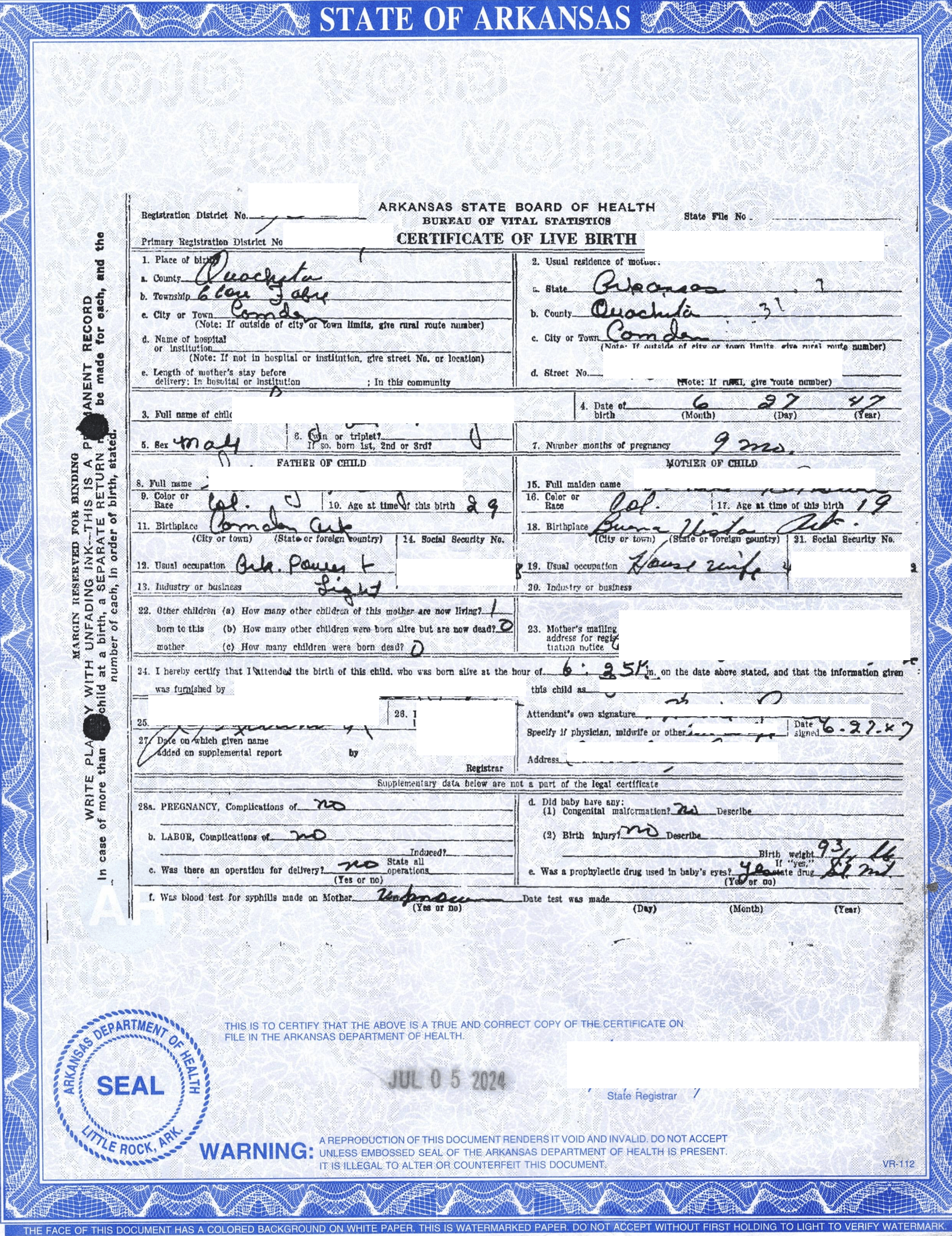 Arkansas Certificate of live Birth