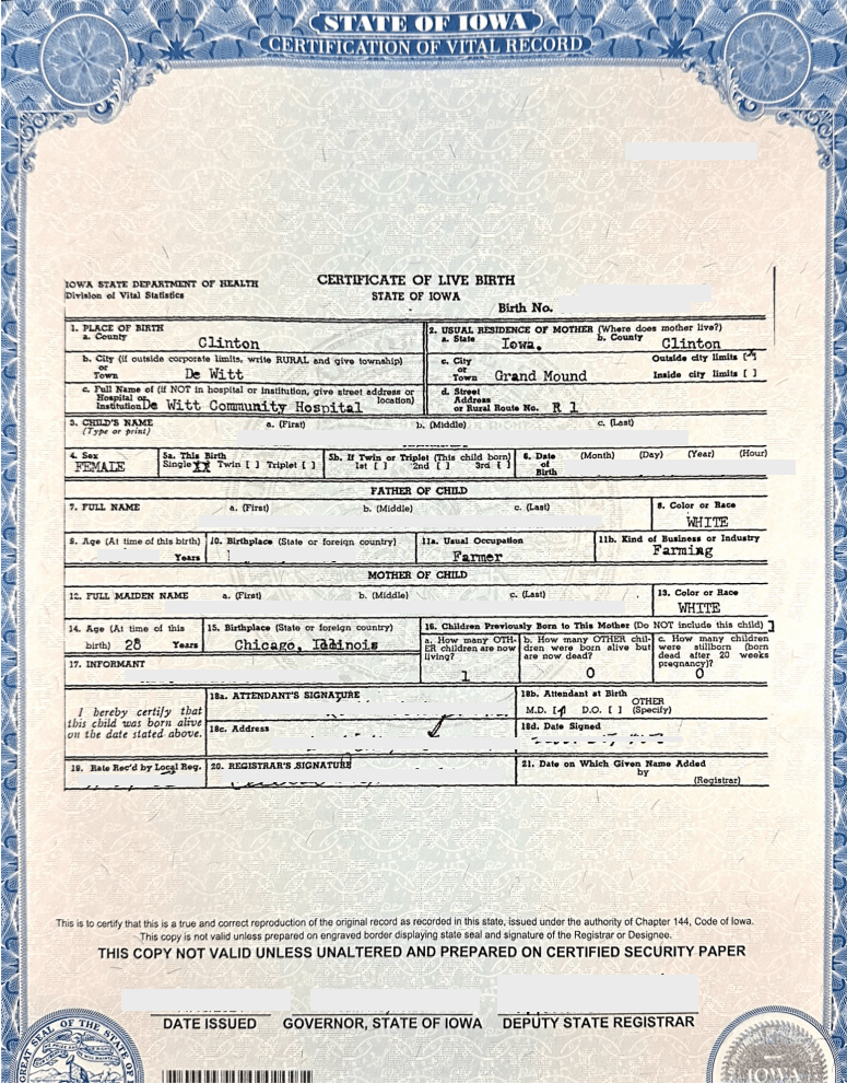 Certificate of Live Birth State of Iowa