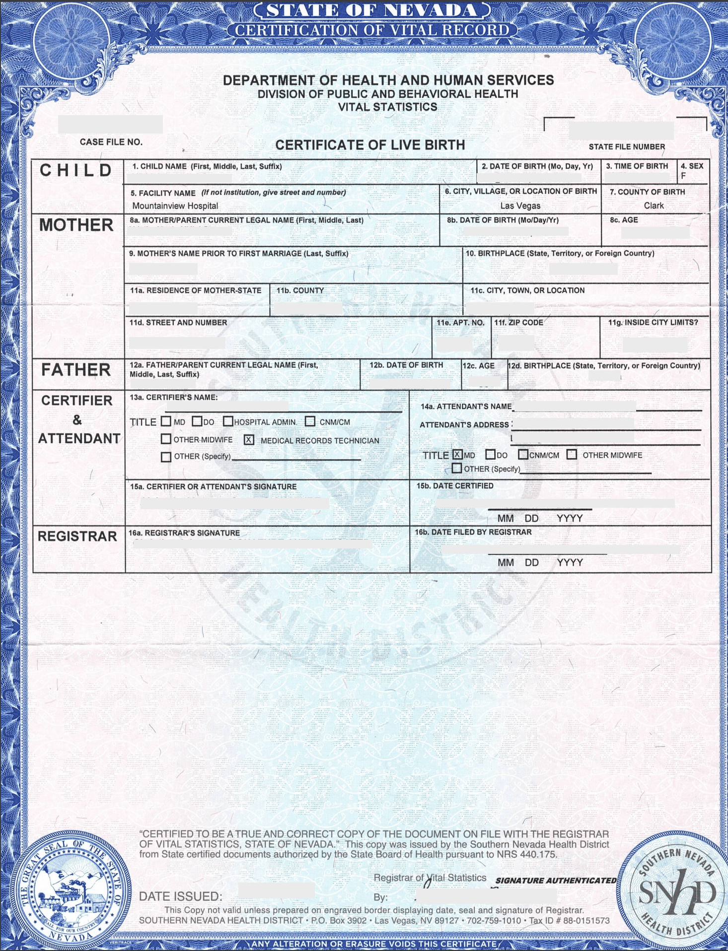 Certificate of Live Birth State of Nevada