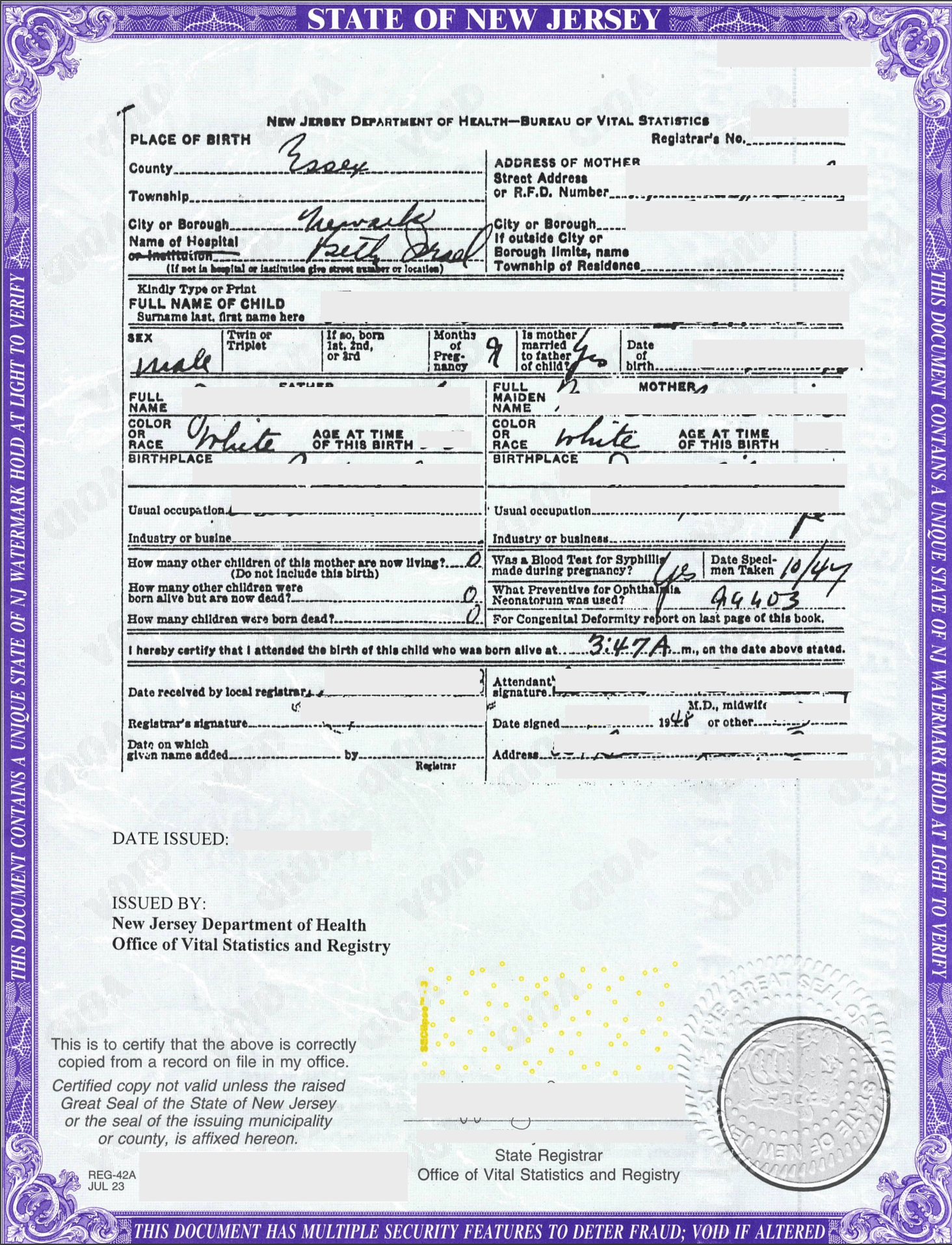 Certificate of Live Birth State of New Jersey