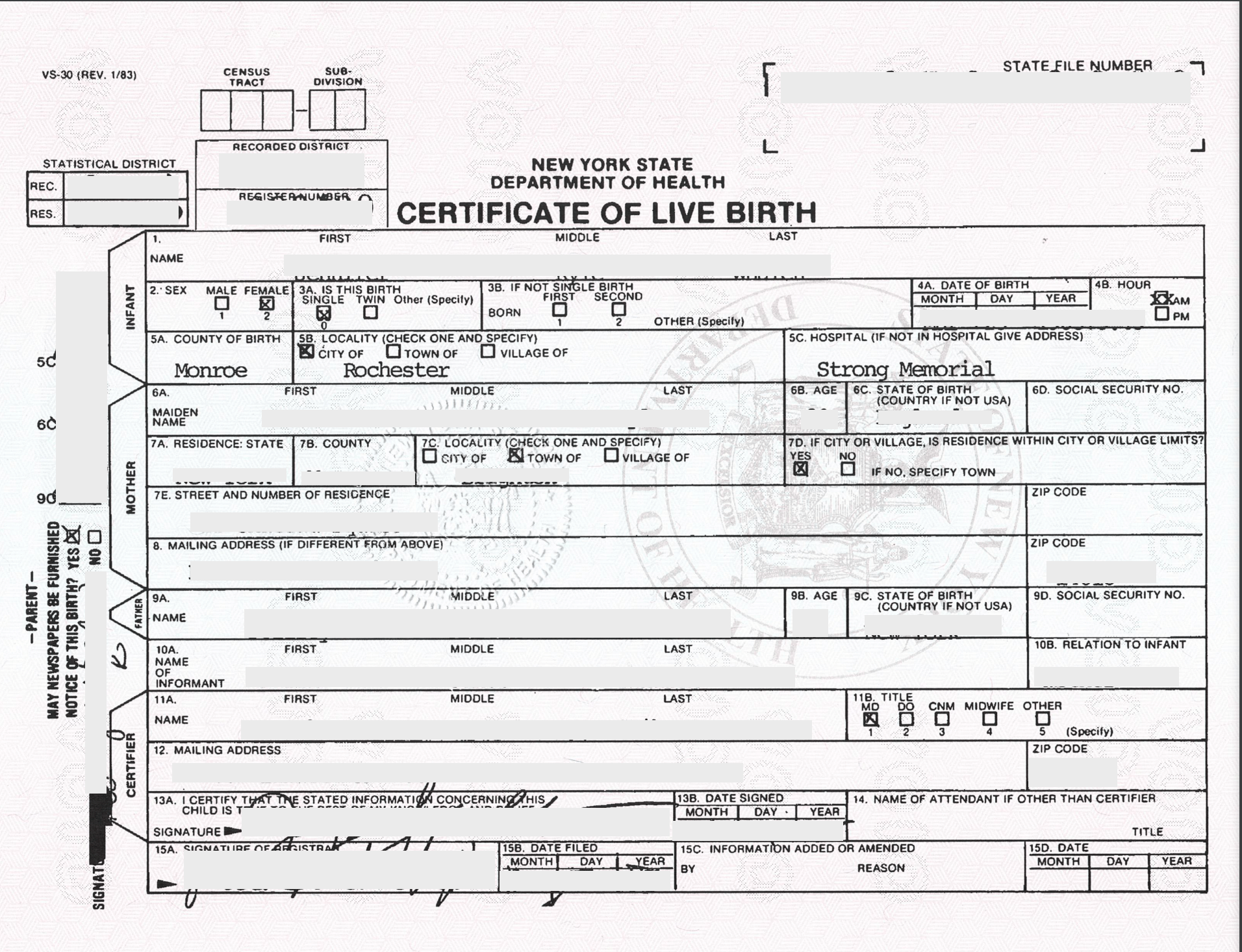 Certificate of Live Birth State of New York
