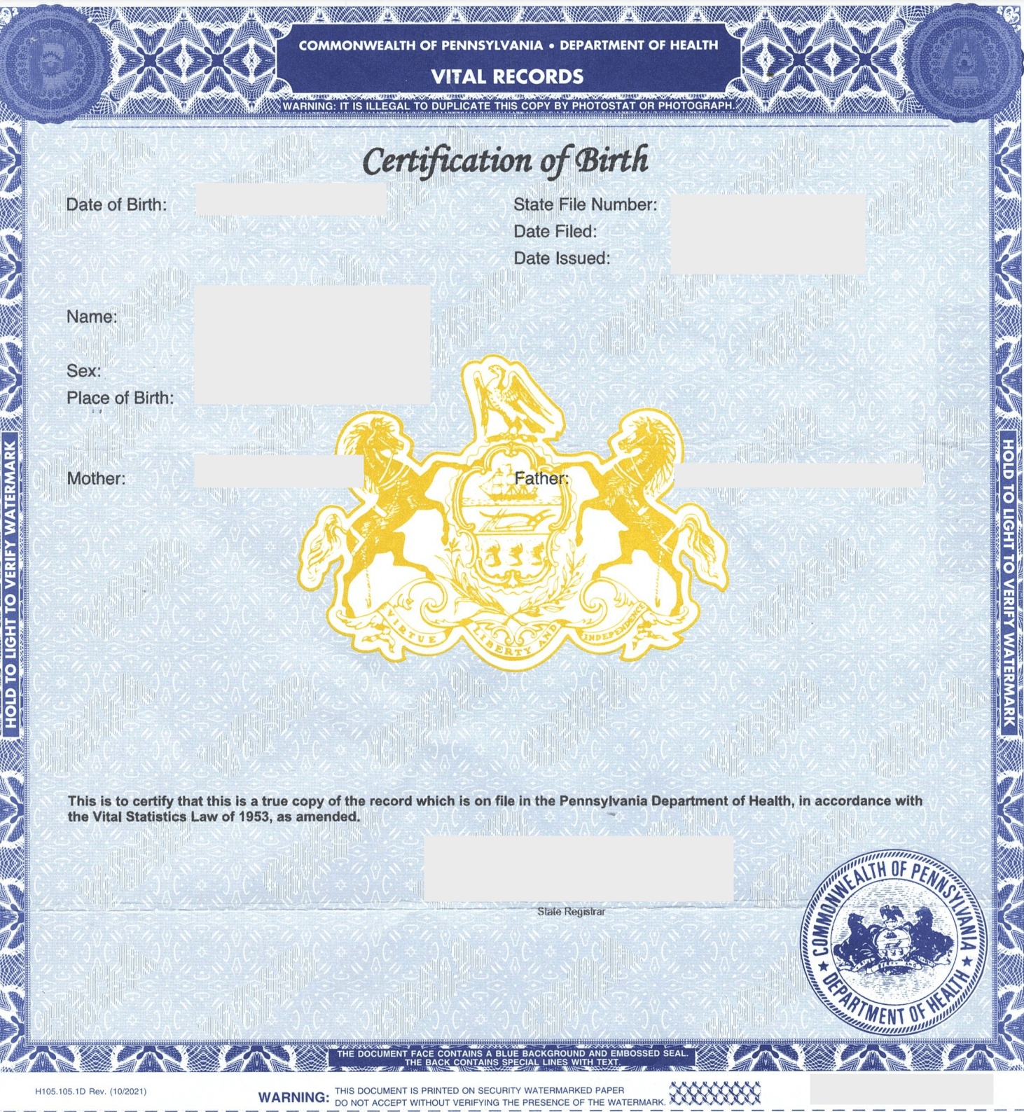 Certificate of Live Birth State of Pennsylvania