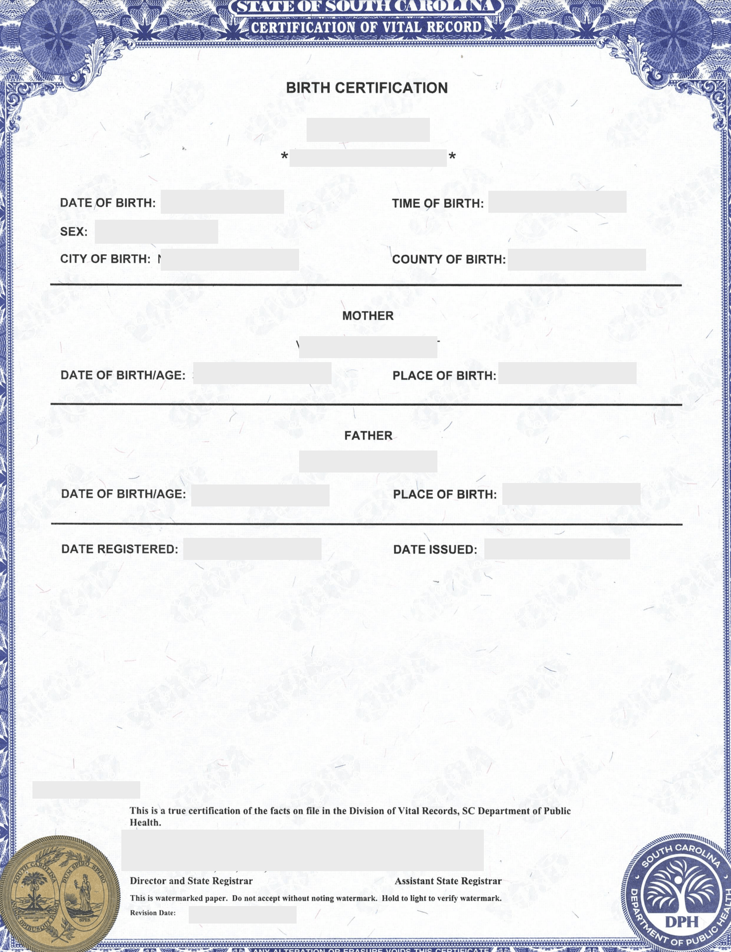Certificate of Live Birth State of South Carolina