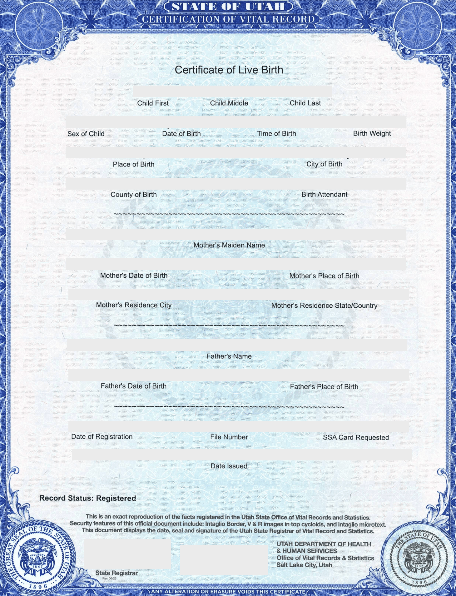 Certificate of Live Birth State of Utah