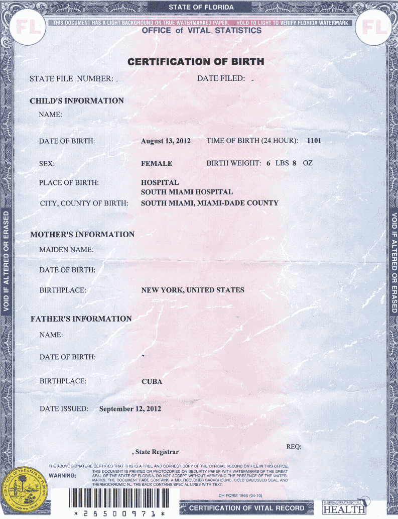 Real Florida Birth Certificate Example