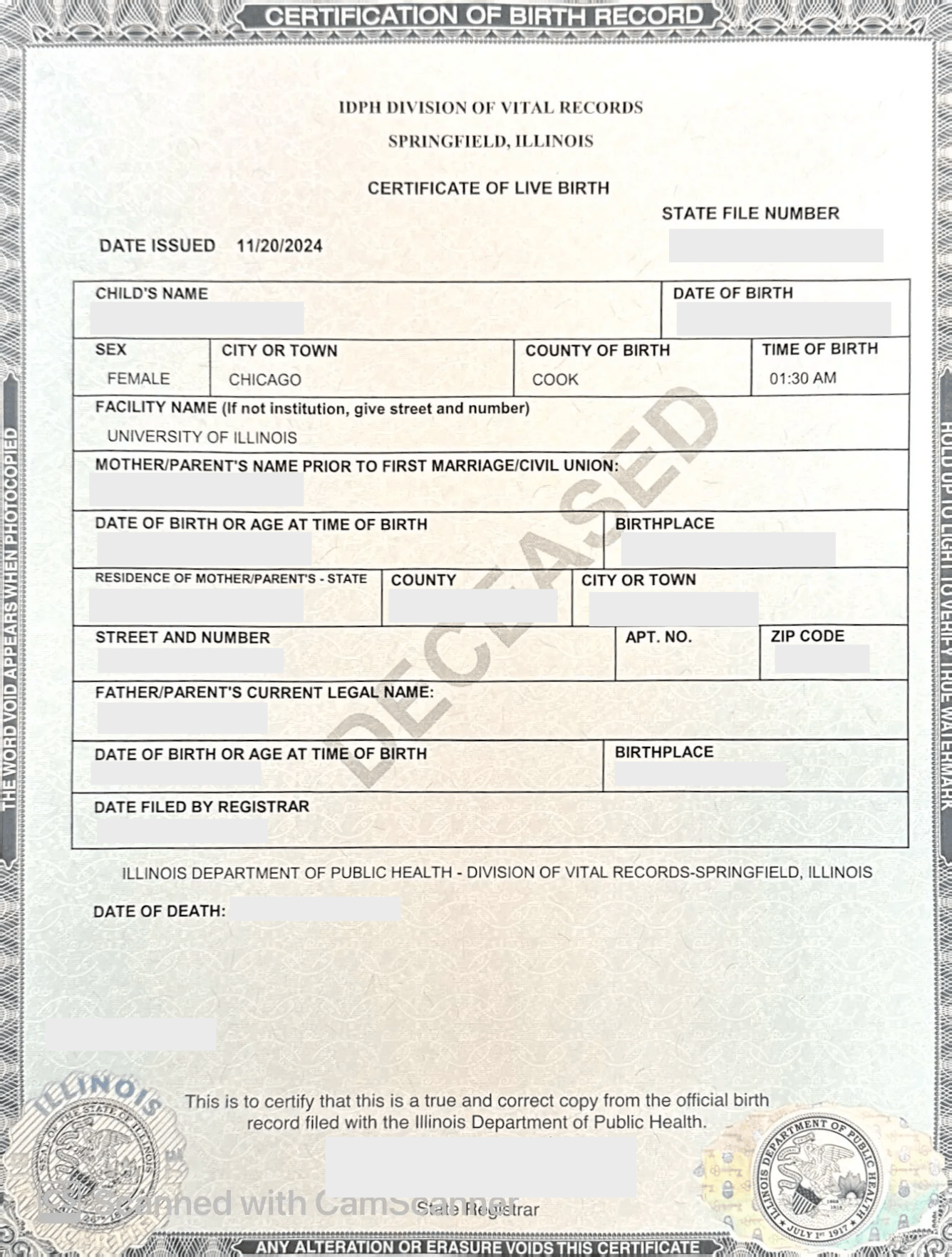 State of Ilinois Certificate of Live Birth