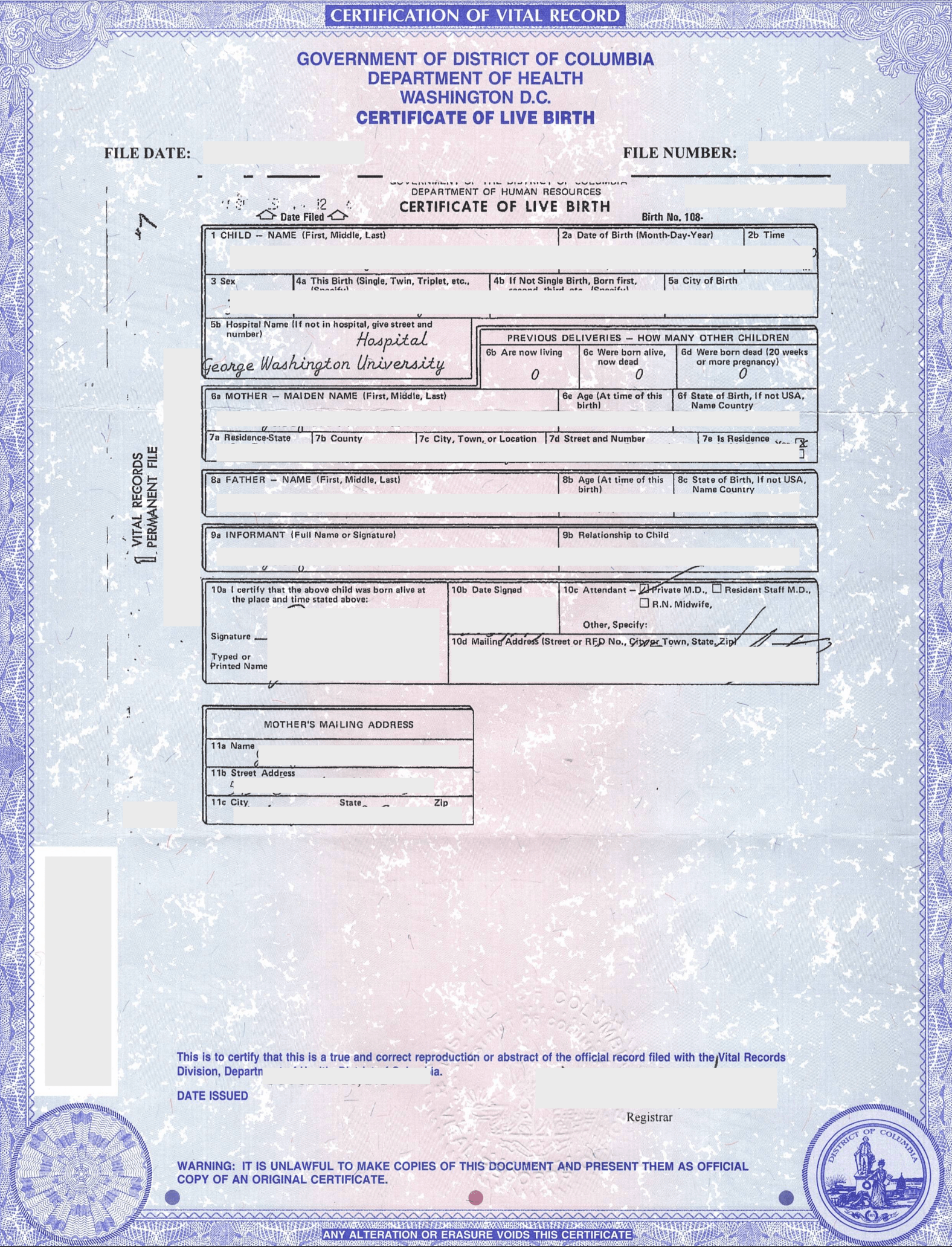 Washington DC Certificate of Live Birth