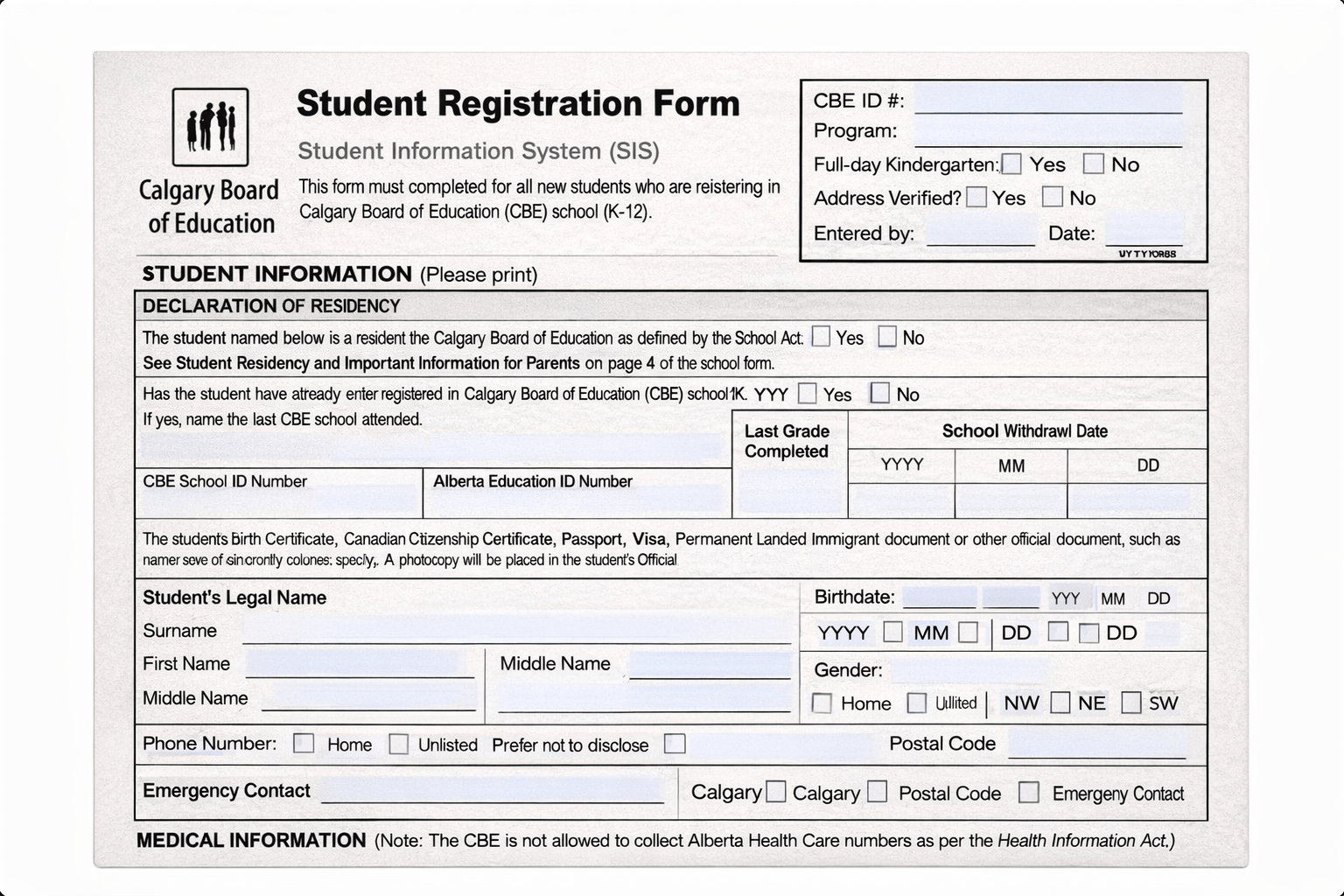 school enrollment sample form