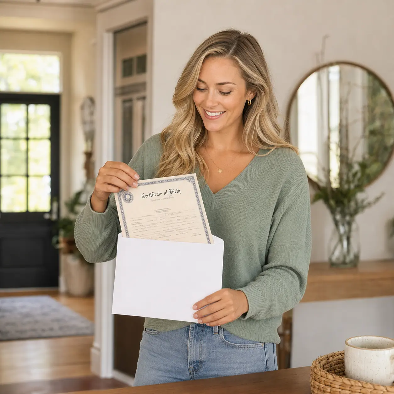 Cliente en casa sacando una copia certificada de un certificado de nacimiento de su sobre de envío