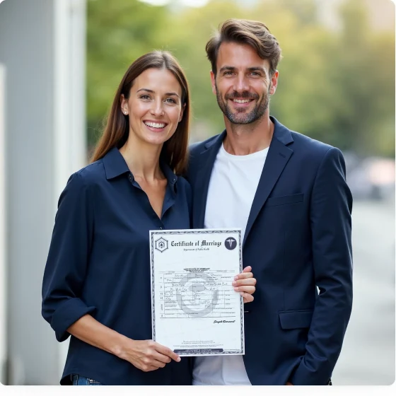 Pareja sosteniendo una copia certificada de un certificado de matrimonio