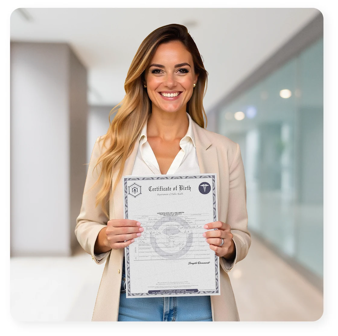 Customer holding a certified birth certificate obtained through Vital Records Online