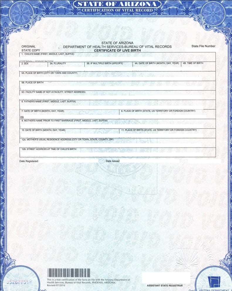 State of Arizona Certificate of live Birth