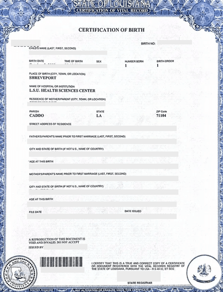 Certificate of Live Birth State of Louisiana