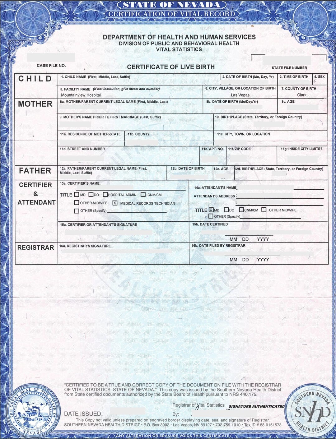 Certificate of Live Birth State of Nevada