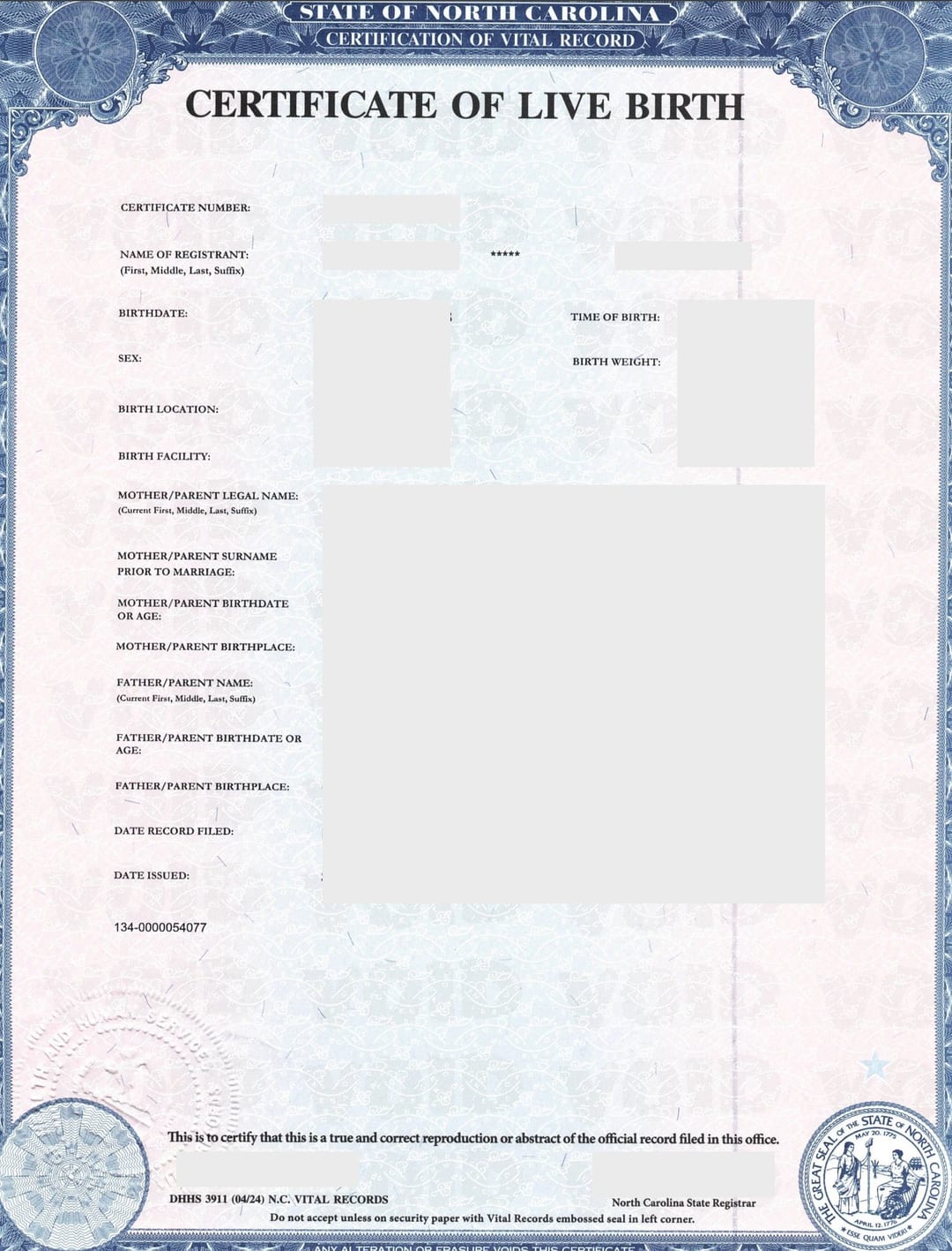 Certificate of Live Birth State of North Carolina