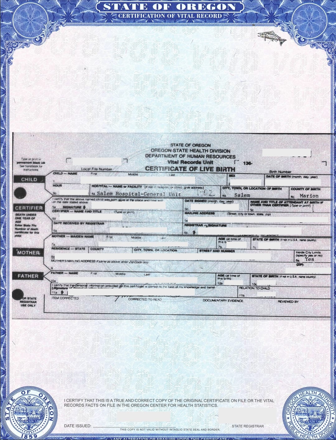 Certificate of Live Birth State of Oregon
