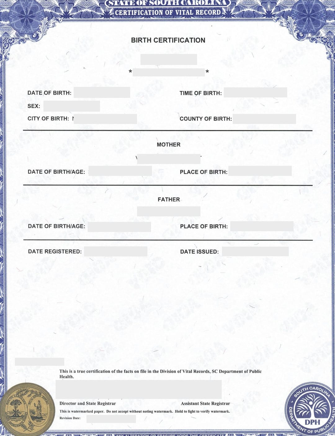 Certificate of Live Birth State of South Carolina