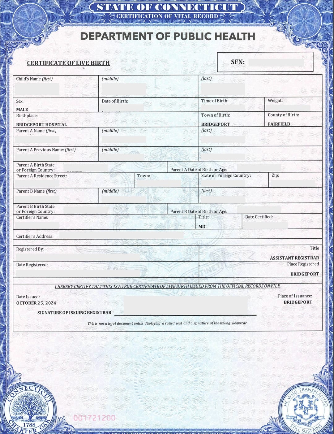 Connecticut Certificate of Live Birth