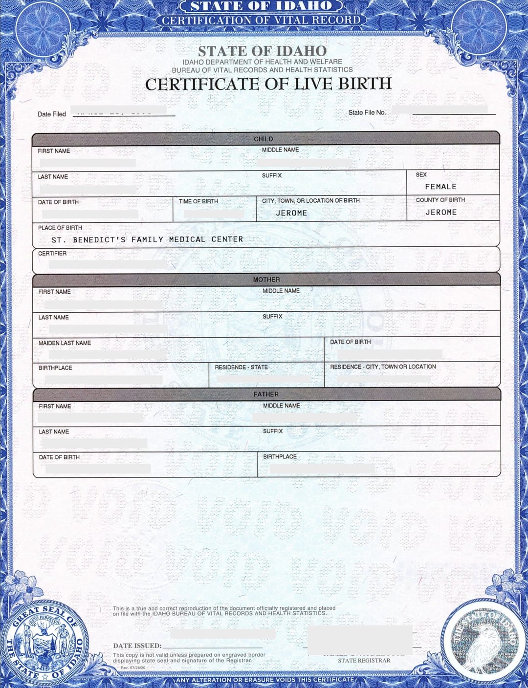 State of Idaho Certificate of Live Birth