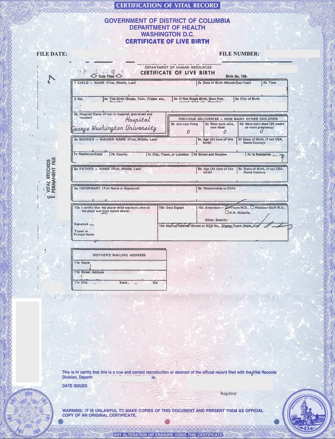 Washington DC Certificate of Live Birth