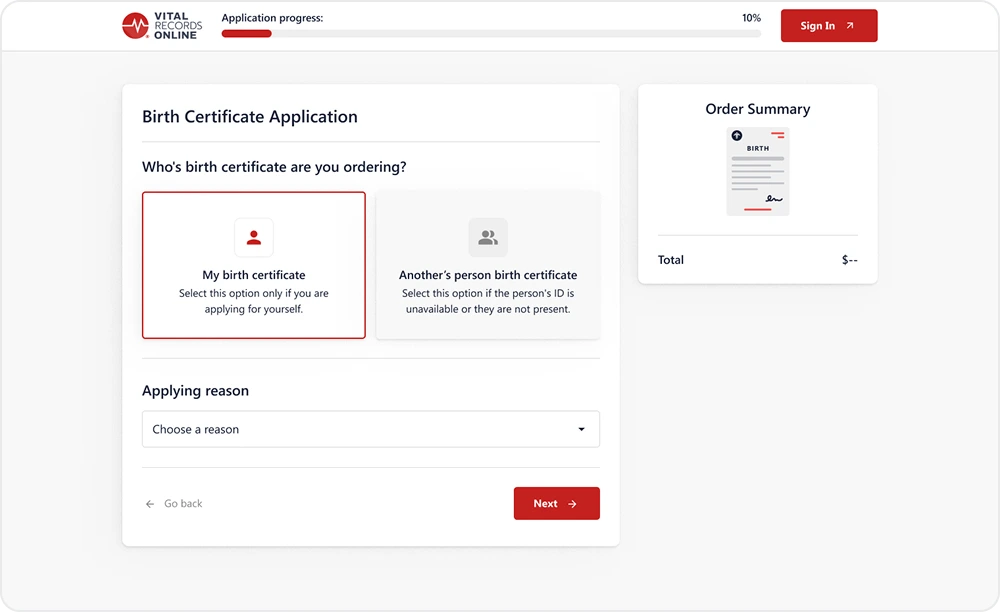 The Vital Records Online birth certificate application form