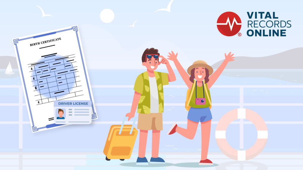 Man with a suitcase and woman dressed for a vacation, next to a birth certificate and a driver's license