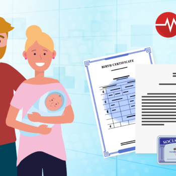 A graphic of a couple carrying a newborn next to a birth certificate, an insurance certificate and a social security card