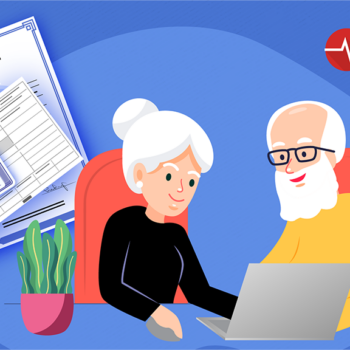 Man and elderly woman in front of a computer searching and researching about social security retirement benefits