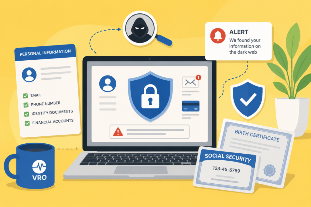 Dark web monitoring illustration showing a secure laptop, personal information, Social Security and birth certificate records, identity protection shields, and a data exposure alert.