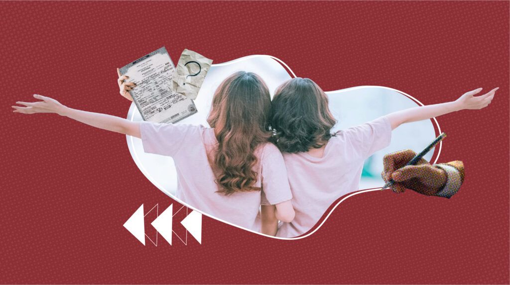 A couple of woman and man with their backs to each other arm in arm and a birth certificate in the corner