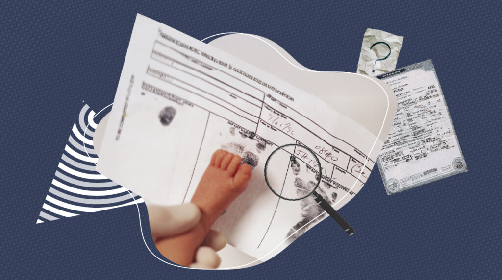 A baby"s footprint on a hospital birth certificate