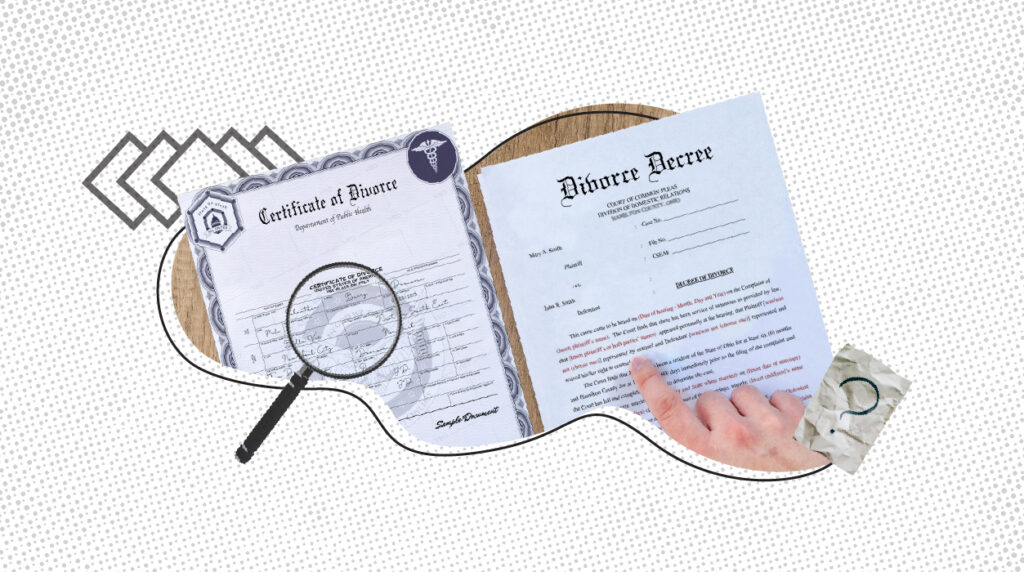 Divorce certificate versus divorce decree with a magnifying glass