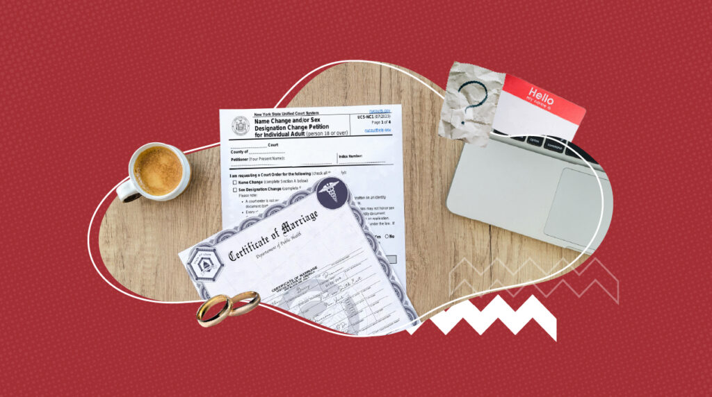 A marriage certificate along with a name change application, a laptop, and a cup of coffee