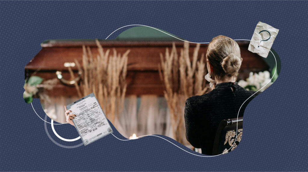 Woman at a wake praying in front of the coffin and a death certificate on the corner