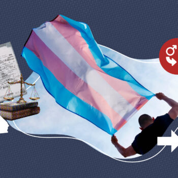 Man raising the LGBTQ+ pride flag, with a Vital Records certificate on one side and the scales of justice placed on top of law books on the other.