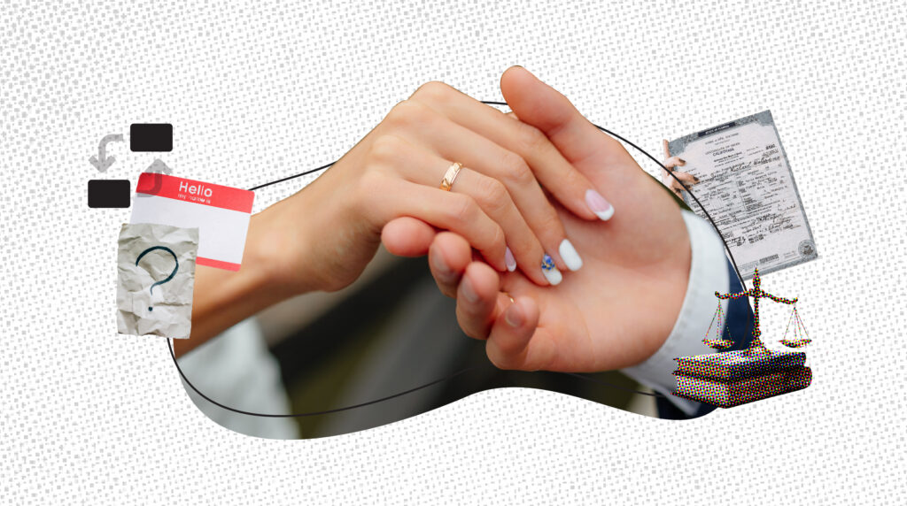 Close-up of a man's hand holding his wife's hand, showing their wedding rings, with a Vital Records certificate on one side and the scales of justice atop law books on the other—symbolizing marriage and legal name change.